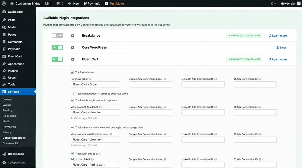 Plugin integration settings in WordPress - Coversion Bridge