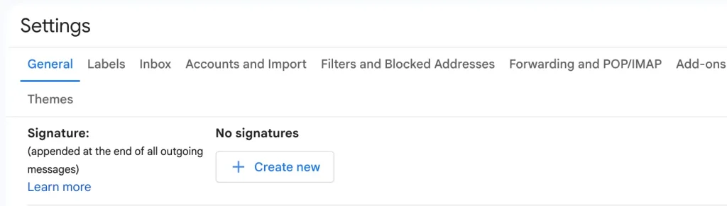 Gmail Settings with advanced setting showing the create new button for gmail signatures