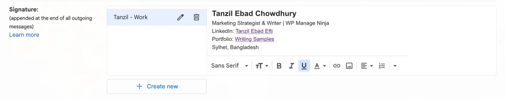 Add Gmail Signature - Signature Details