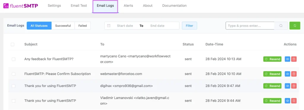 FluentSMTP Email Log