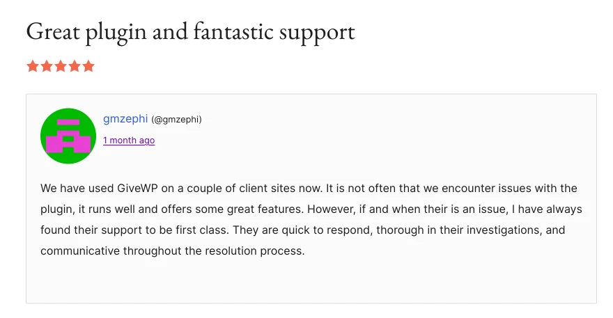 GiveWP review from wordpress.org