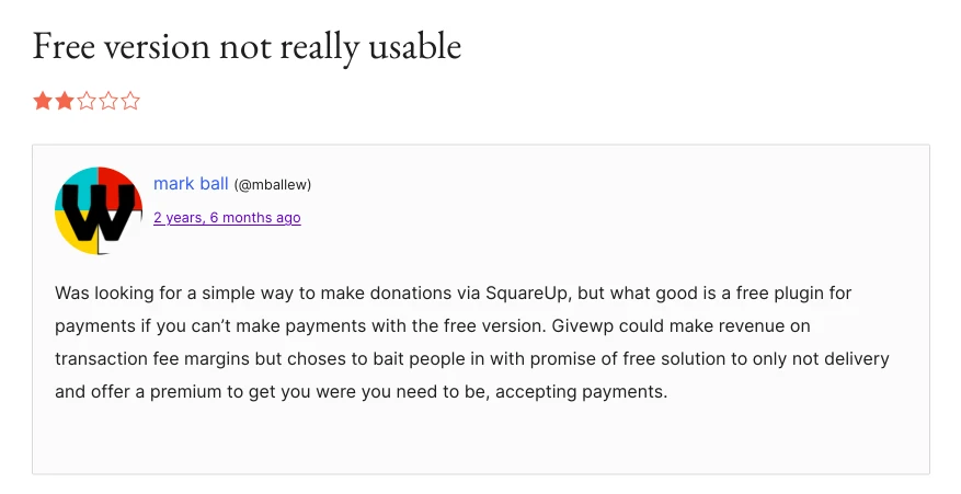 GiveWP review from WordPress Repository