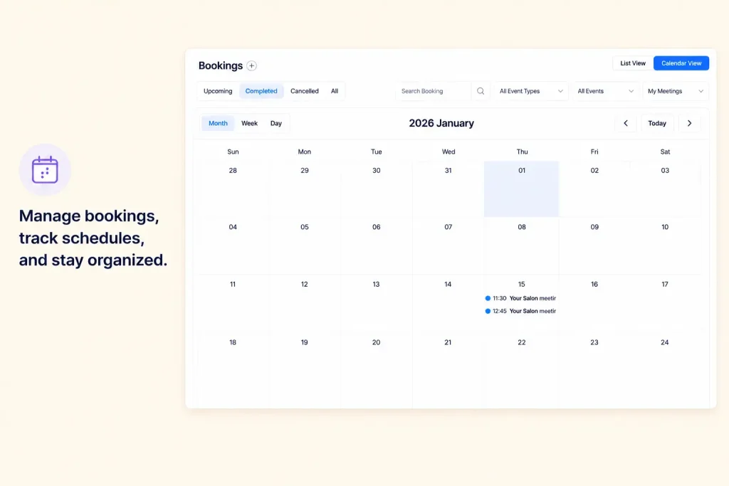 FluentBooking booking calendar dashboard for managing appointments