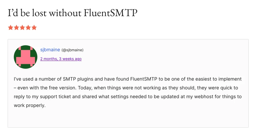 FluentSMTP User Review in WordPress Org