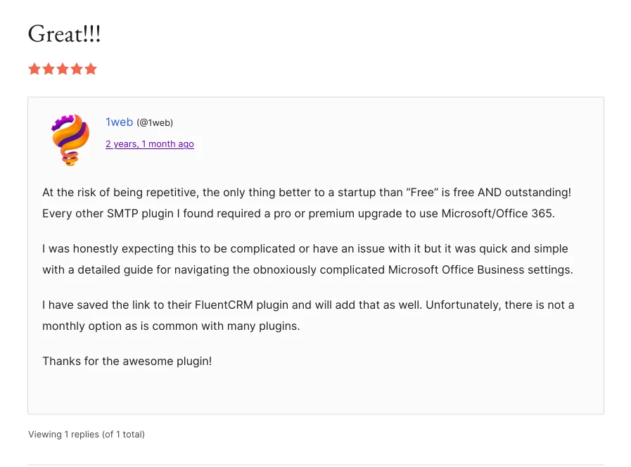 FluentSMTP User Review in WordPress Org