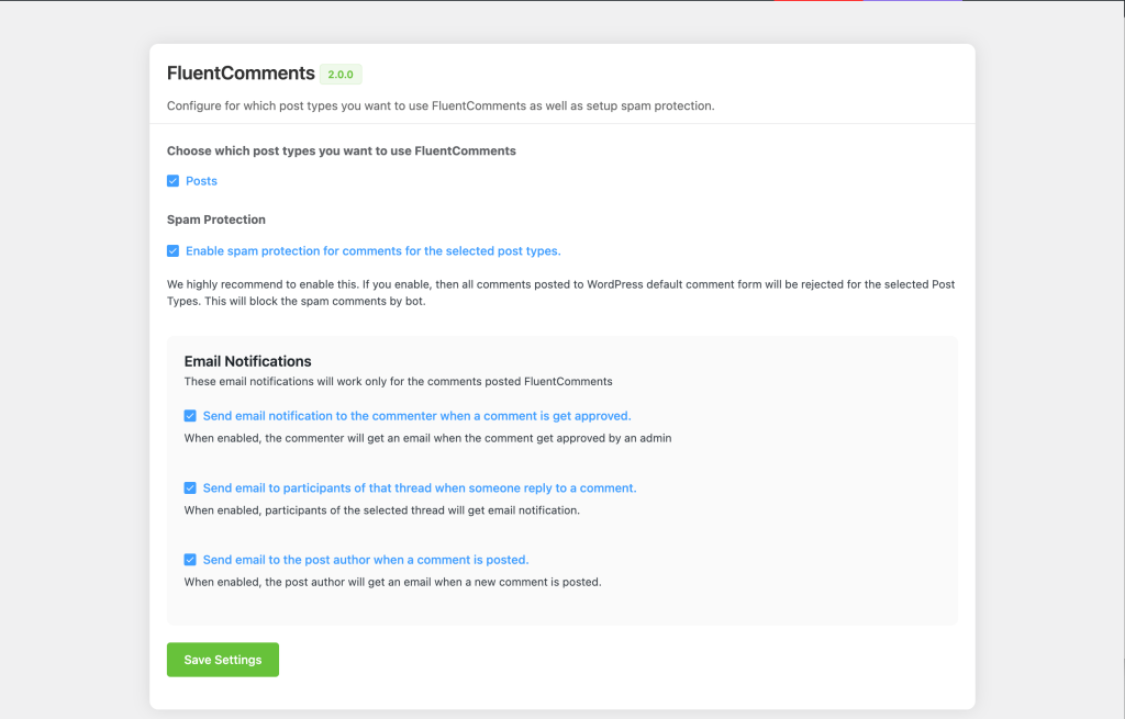 FluentComments comment setting