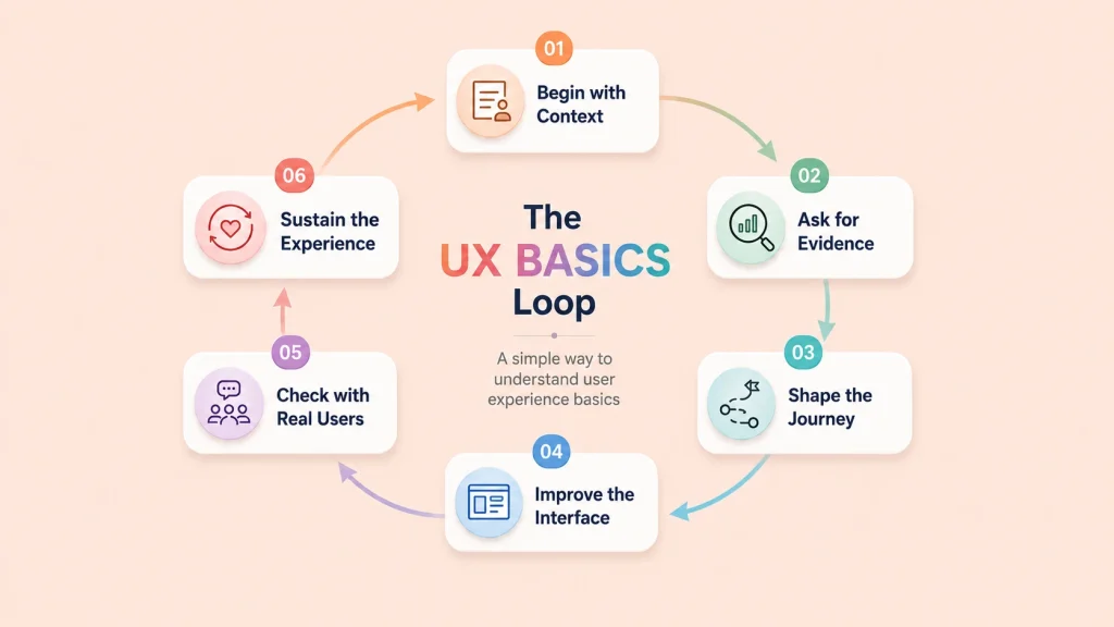UX BASICS Loop framework showing context, evidence, journey, interface, testing, and improvement