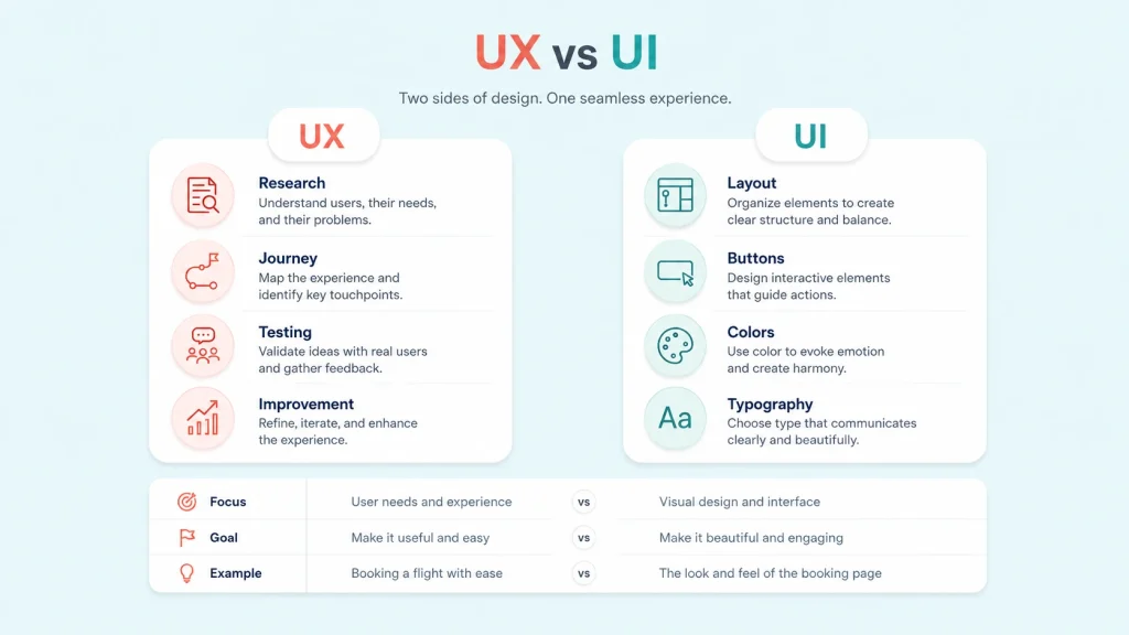 UX vs UI comparison showing user journey on one side and interface elements on the other