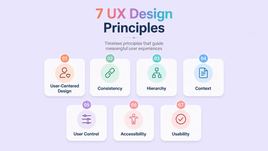 Seven UX design principles including user-centered design, consistency, hierarchy, user control, accessibility, and usability