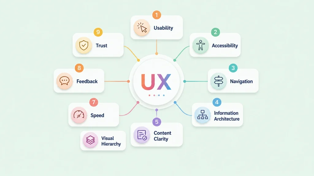 Core elements of user experience including usability, accessibility, navigation, content, speed, and trust