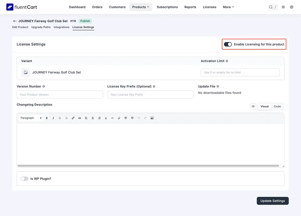 Step 1: Enable Product Licensing
Go to FluentCart Pro > Settings > Features & Addons. Toggle on Product Licensing. This unlocks the License Settings tab on every product. One-time step.