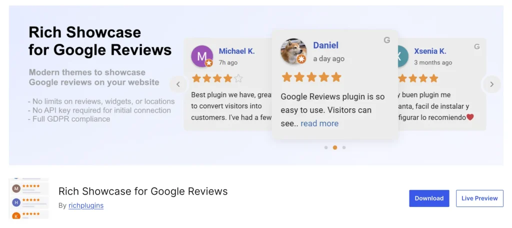 Wordpress directory cover image of rich showcase for google reviews