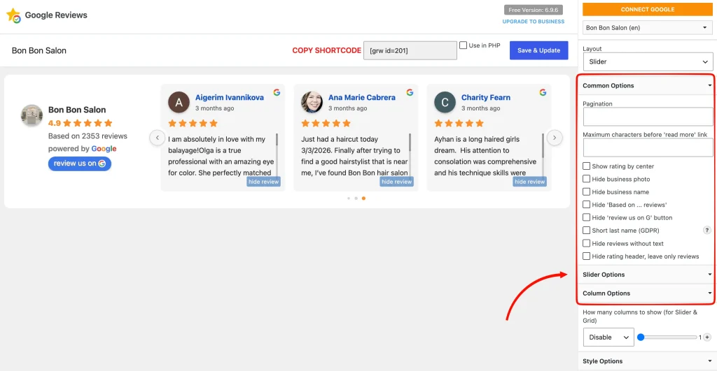 Filter options provided by rich showcase for google reviews