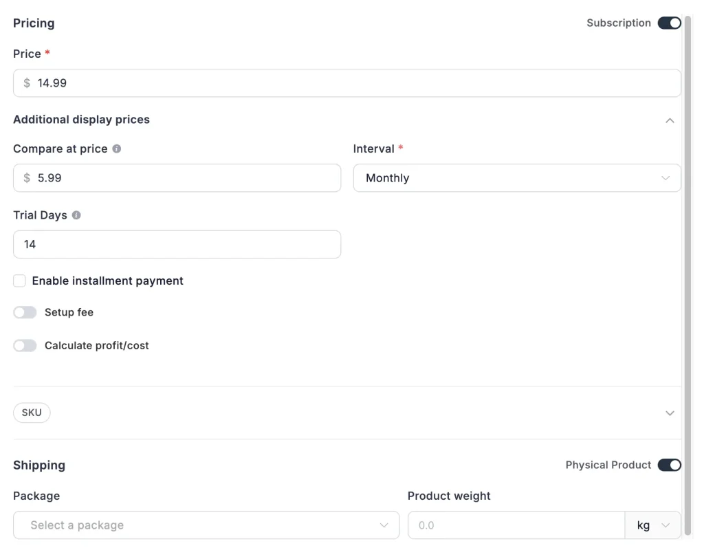Step 2: Create Your Product and Set Billing
Go to FluentCart Pro > Products > Add Product. Add title, description, and image.

Scroll to the Pricing section. Choose Simple for a single price or Simple Variations for multiple tiers. For a product with monthly and annual plans, use Simple Variations.

Toggle Subscription to ON for each variation. This reveals the recurring billing fields.

Billing Fields Explained
Interval: Sets billing frequency: daily, weekly, monthly, quarterly, half-yearly, or yearly. Two variations with different intervals give you a monthly and an annual plan side by side.
Trial Days: Adds a free period before the first charge. A 7-day trial on higher-priced tiers measurably improves conversion.
Installments: Limits the subscription to a fixed number of payments. The subscription ends automatically after the final one. Useful for courses and coaching programs.
Setup Fee: A one-time charge at signup, separate from the recurring price. Shown as its own line item on the invoice receipt.