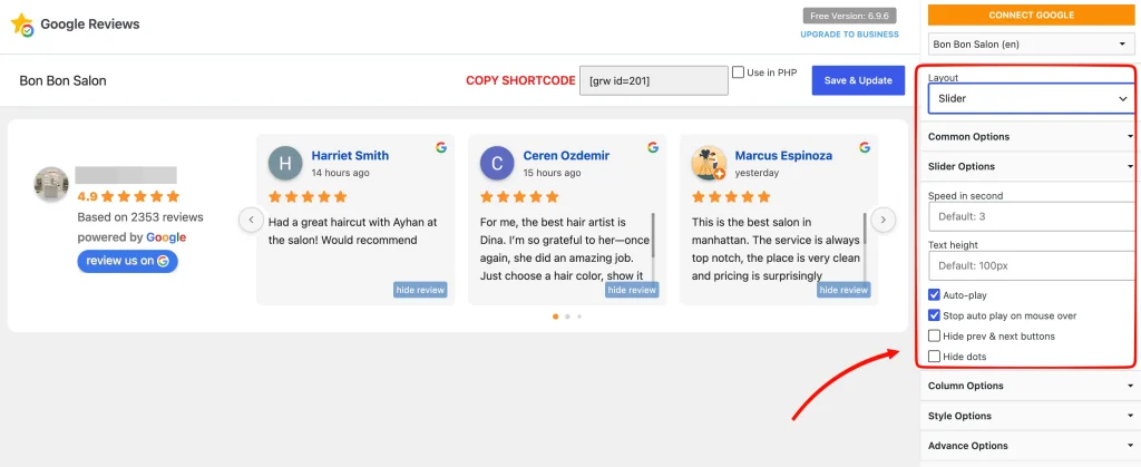 Layouts offered by rich showcase for google reviews