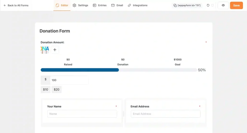 Create your donation form: To create your first donation form. Go to Paymattic > All Forms > Add New.

You can start from a template or build from scratch.

For a recurring donation form, you’ll want:

Donor information fields (name, email)

Donation Progress Bar field (with suggested amounts)

A payment gateway field that supports recurring donations

Others form fields based on need