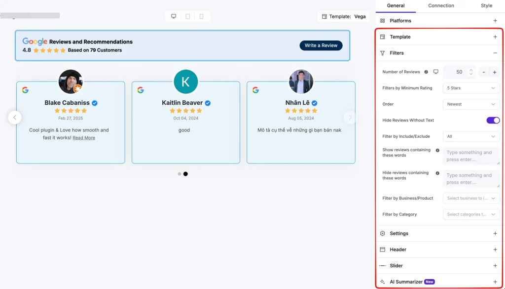 Google reviews filter options by wp social ninja