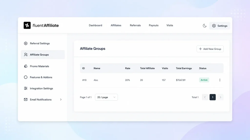 A dashboard view of an affiliate management system showing affiliate groups with custom commission rates, performance metrics, and earnings tracking.
The interface enables administrators to organize affiliates into groups, assign different commission structures, monitor visits and revenue, and manage affiliate programs from a centralized settings panel.