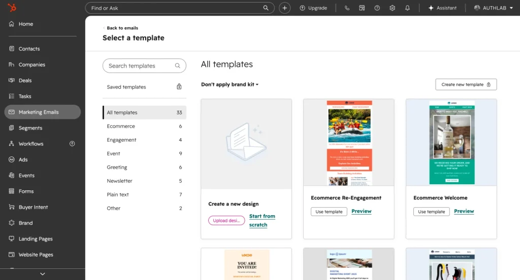 HubSpot email campaign builder shows a template selection screen with categories, search, saved templates, and ready-made email designs for ecommerce, engagement, events, newsletters, and more.
