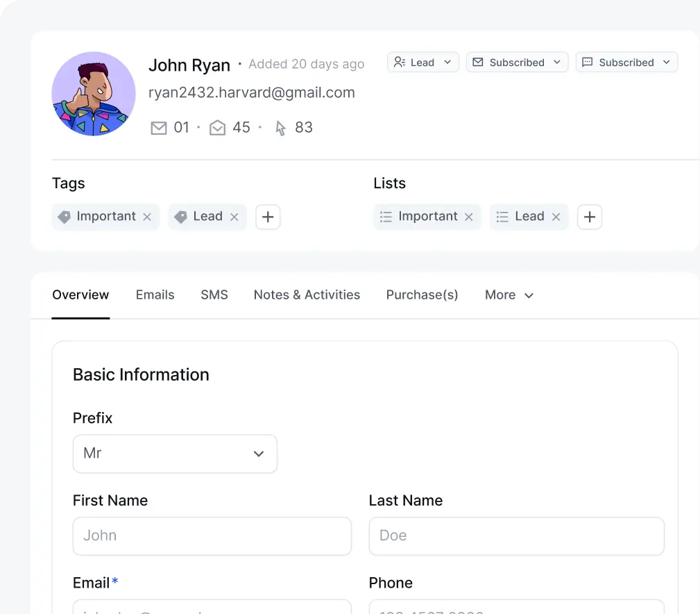 Every contact gets a unified profile pulling data from plugins that you connected to your business.