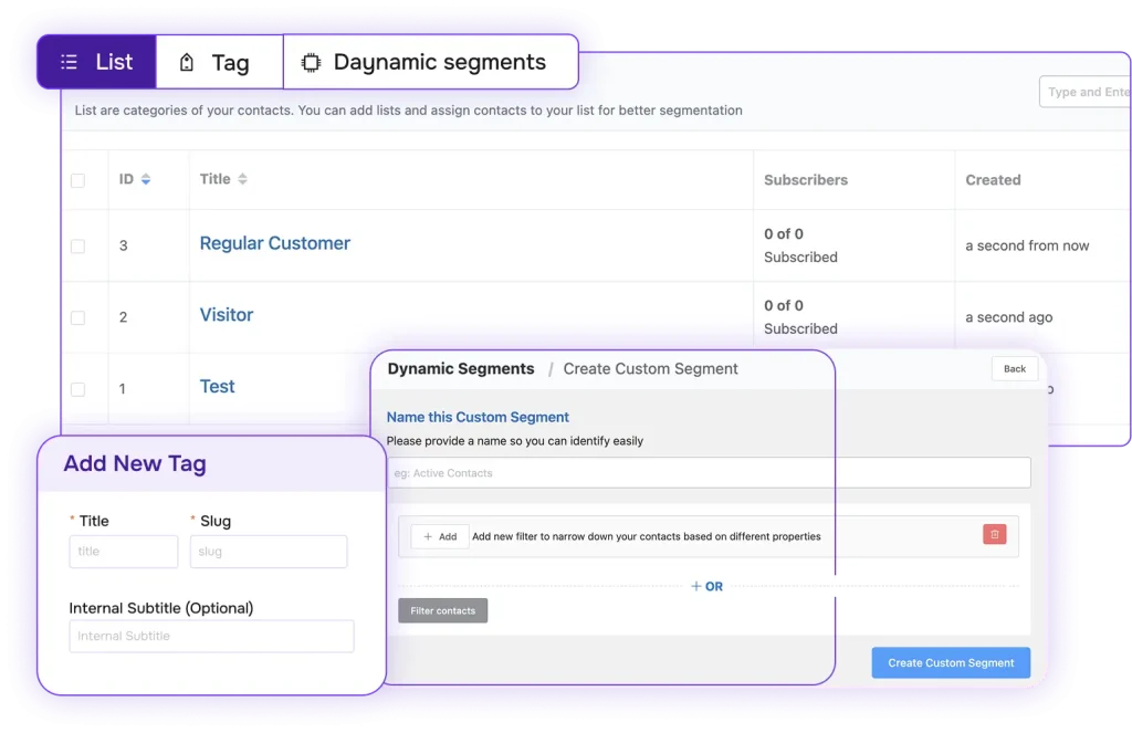 FluentCRM supports list and tag contact segmentation. These allow businesses to identify leads with different characteristics.