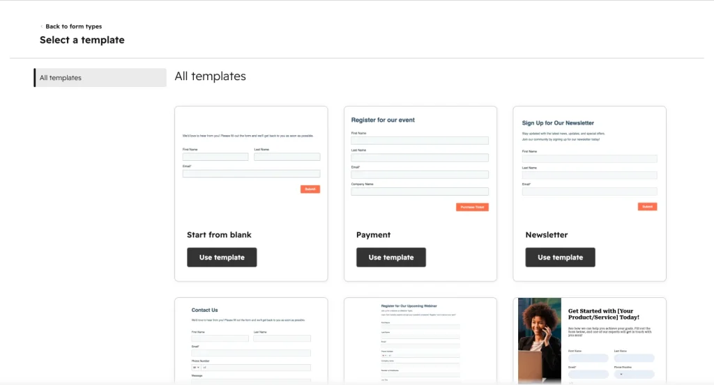 HubSpot Forms shows a template selection screen where users can start from blank or choose ready-made forms for payments, newsletters, contact pages, webinars, and product signups.
