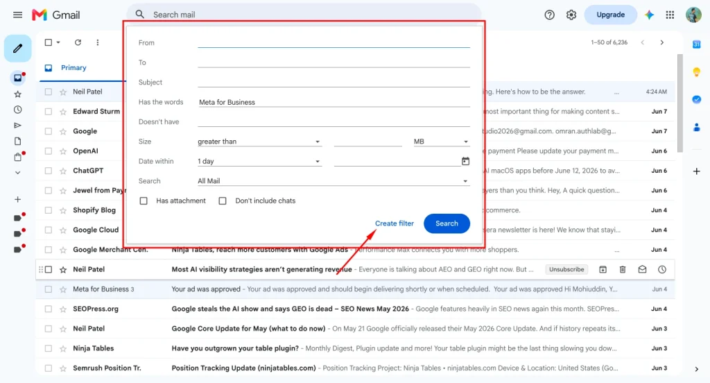 Create email filter from gmail search box