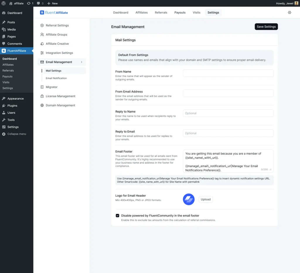 FluentAffiliate Dashboard setting page for Email Notifications. FluentAffiliate sends automated emails for events like a new affiliate signup, a new sale, an approved application, and a completed payout, and you can customize each one from the notification settings.