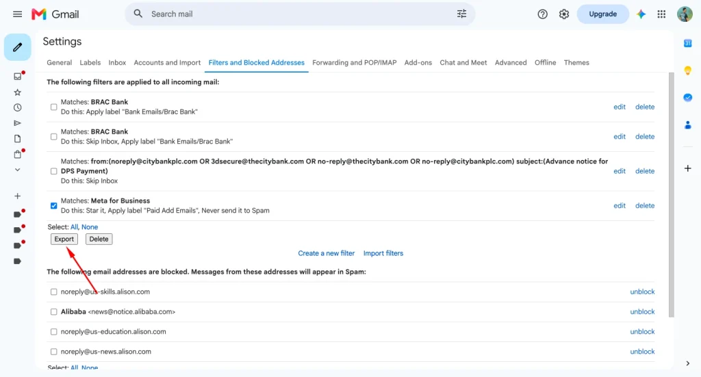 Filter Export inside gmail setting