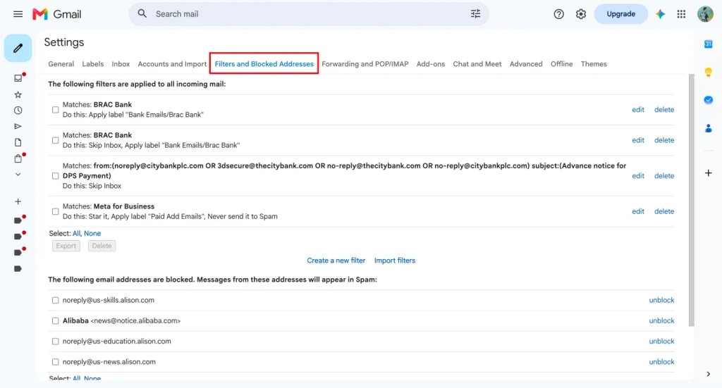 Filters and blocked emails inside the email setting 