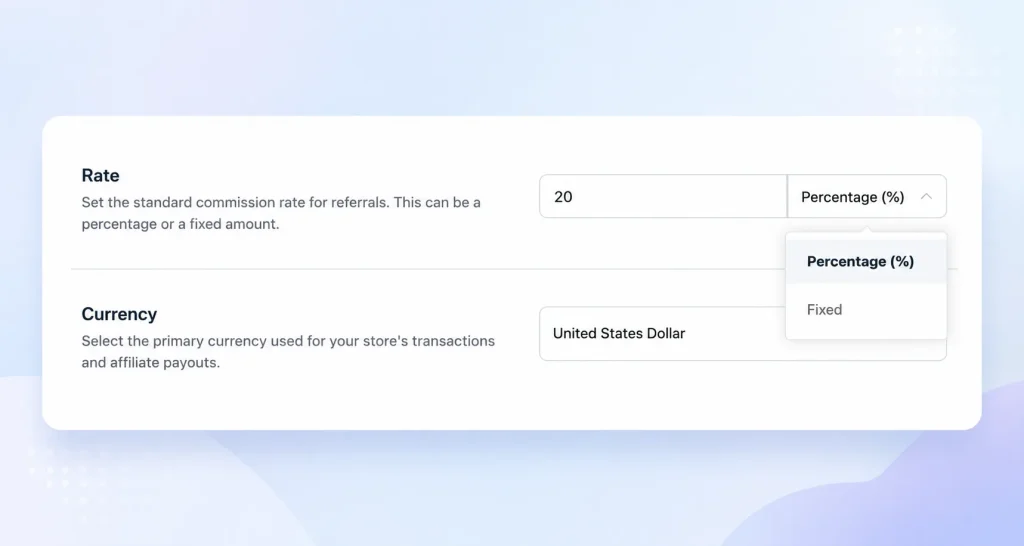 A clean settings interface for an affiliate program, showing a 20% referral commission rate with the option to choose between percentage-based or fixed-value commissions.
The screen also includes a currency selection field (USD), presenting a simple and user-friendly dashboard for configuring affiliate payout settings.