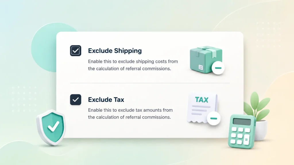 A modern affiliate commission settings screen highlighting options to exclude shipping costs and taxes from referral commission calculations, helping merchants create more accurate payout rules.
