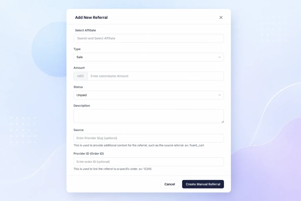 A referral creation form that allows administrators to manually assign affiliate commissions or bonuses, including affiliate selection, commission amount, referral type, payment status, and order details.