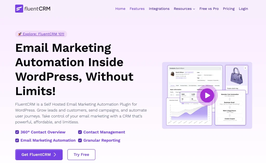 FluentCRM is a WordPress CRM and email marketing plugin that manages your contacts and automates your marketing from inside your WordPress dashboard.