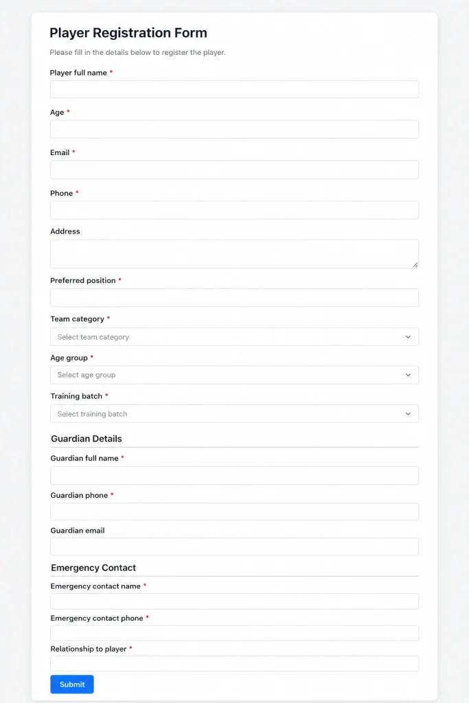 FluentForms Form for Player Registration