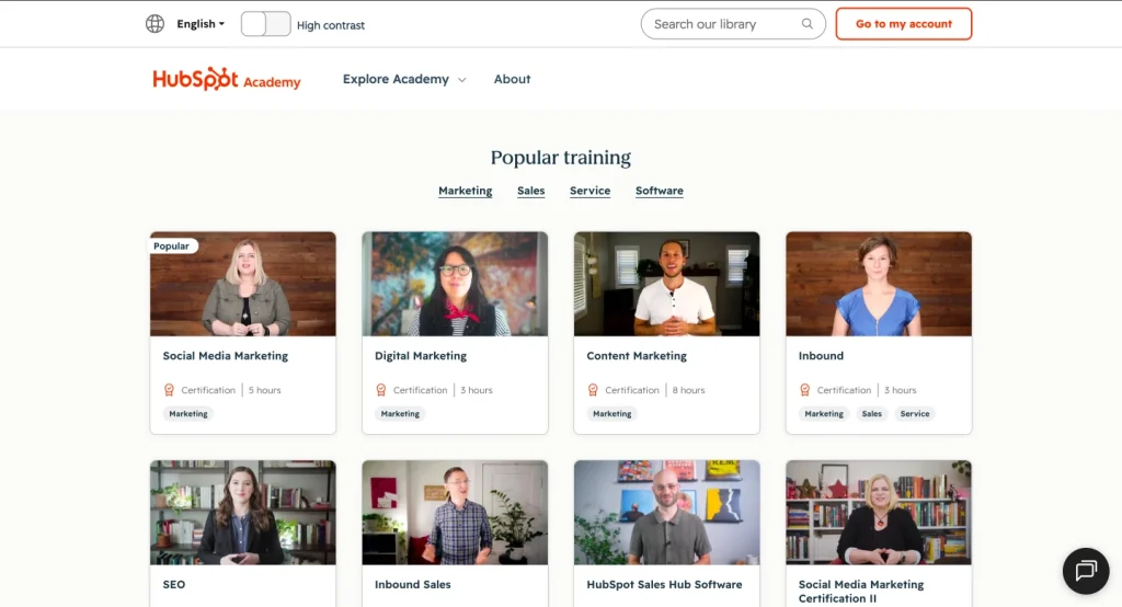 HubSpot Academy shows a clean training library with popular certification courses across marketing, sales, service, and software, plus search and account access at the top.