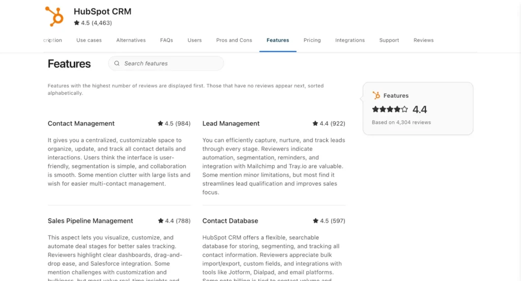 HubSpot CRM’s Capterra reviews page shows feature ratings and user summaries for contact management, lead management, sales pipeline management, and contact database, with an overall features score of 4.4.
