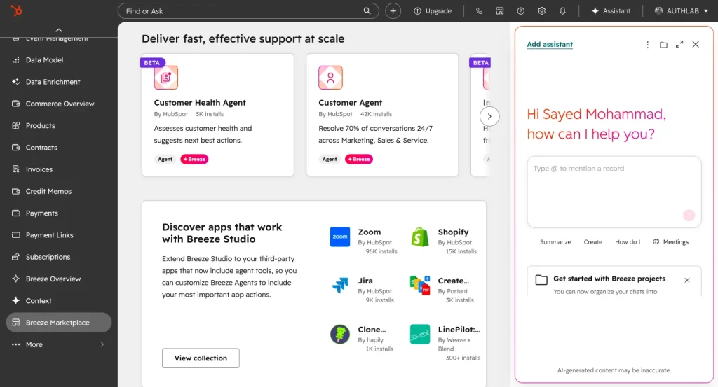 HubSpot Breeze AI shows the AI assistant and marketplace area with customer support agents, app integrations, Breeze Studio tools, and an assistant panel for summarizing, creating, and guiding workflows.
