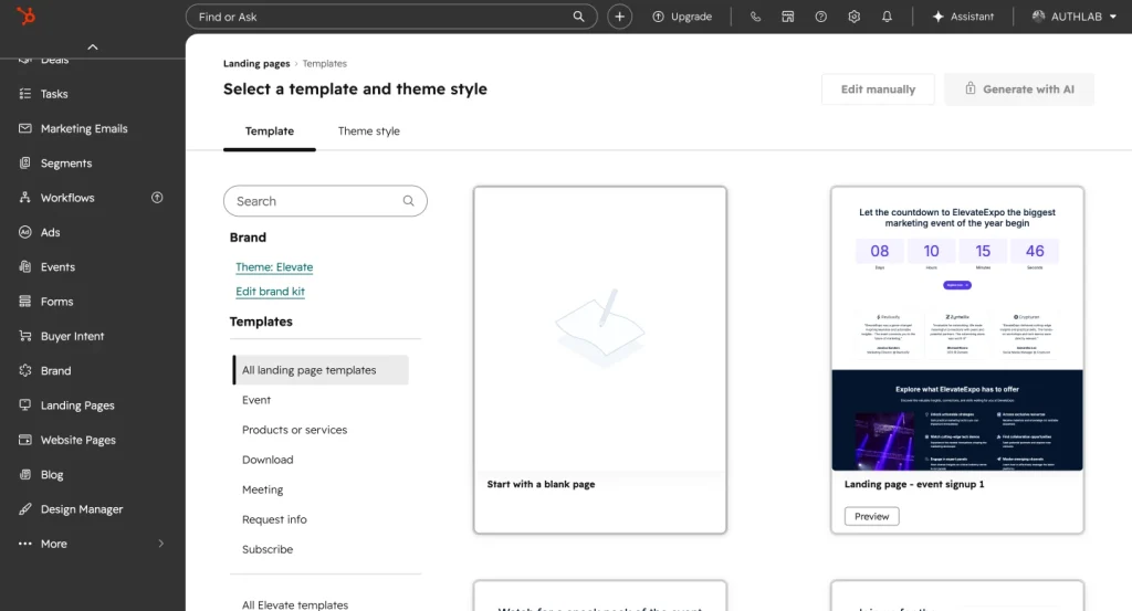 HubSpot Content Hub shows the landing page builder area with template selection, brand settings, theme style options, and website tools like pages, blog, and design manager in the sidebar.