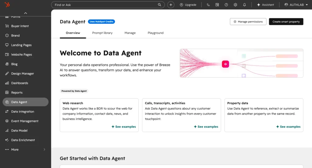 HubSpot Data Hub shows the Data Agent overview, with Breeze AI-powered tools for web research, customer activity insights, property data, smart properties, and data management workflows.
