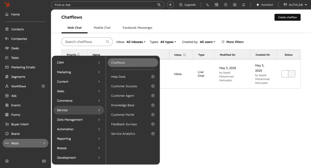 HubSpot Service Hub shows the Chatflows dashboard with web chat settings, filtering options, chatflow status, and service tools like Help Desk, Customer Success, Knowledge Base, and Feedback Surveys.