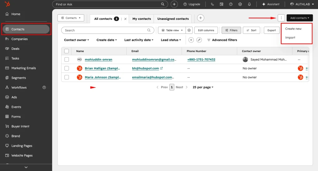 HubSpot’s Contacts page shows the Add contacts dropdown open, highlighting options to either create a new contact manually or import contacts into the CRM.