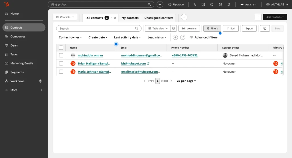 HubSpot CRM shows a clean contacts dashboard with a left sidebar menu, contact filters, table view, and quick actions for adding, sorting, exporting, and managing customer records.
