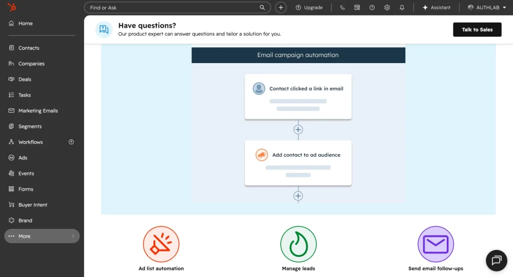 HubSpot’s email marketing automation view shows a visual workflow builder with trigger-and-action cards for campaign automation, lead management, ad audiences, and follow-up emails.