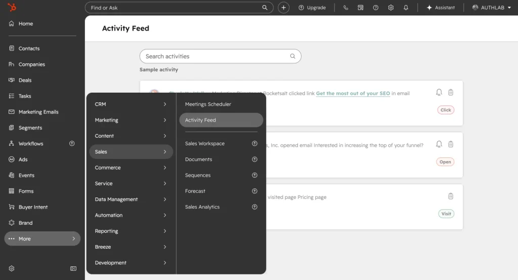 HubSpot Sales Hub shows the Activity Feed with a sales-focused navigation menu, search bar, and engagement cards tracking email clicks, opens, visits, and related sales actions.
