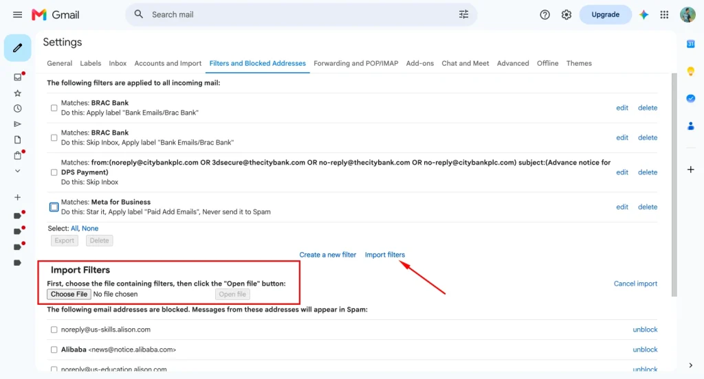 Import email filters inside gmail setting