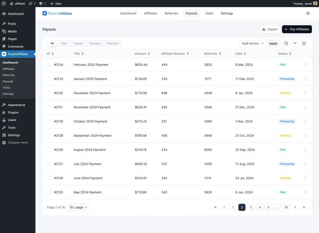 FluentAffiliate dashboard showing Payouts And Reporting. FluentAffiliate records and tracks payouts, but it does not push money through a payment gateway for you. You make the actual payment using the affiliate's PayPal or bank details from their profile, then mark it recorded. For owners who want full control over when and how money goes out, that is usually a feature, not a limitation.