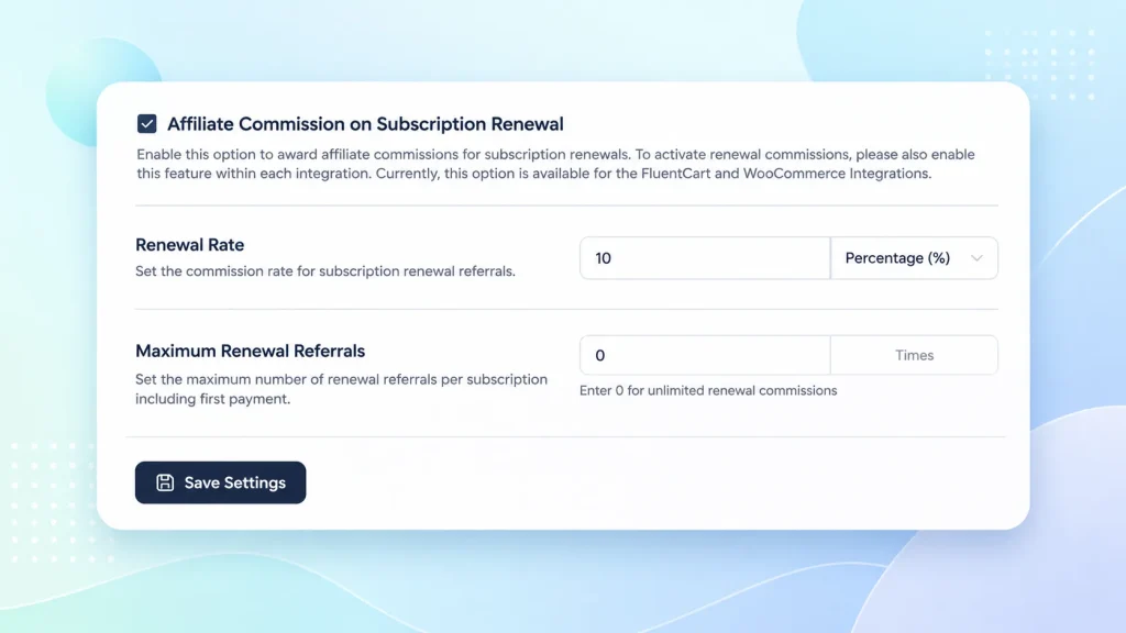 A settings dashboard for recurring affiliate commissions, allowing businesses to reward affiliates on subscription renewals with customizable renewal rates and payout limits.
The interface lets administrators set a renewal commission percentage, define the maximum number of renewal referrals, and enable ongoing commissions for subscription-based products or services.