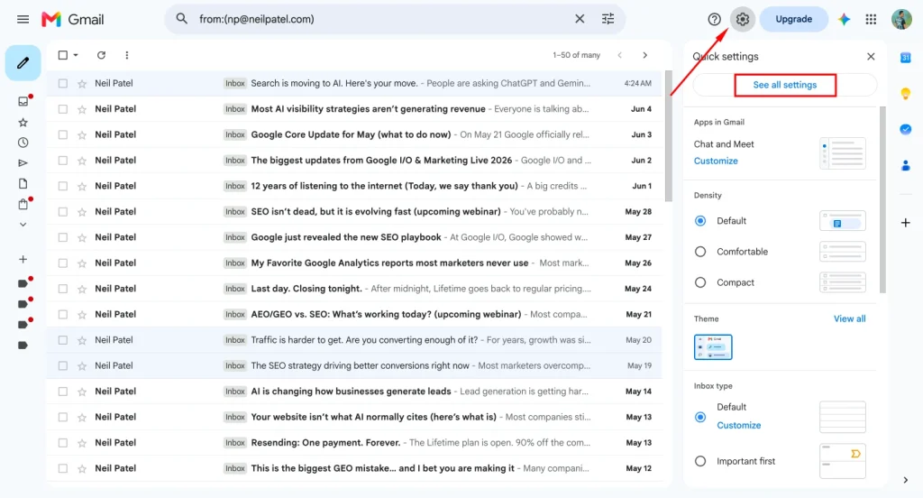 See all settings from email setting