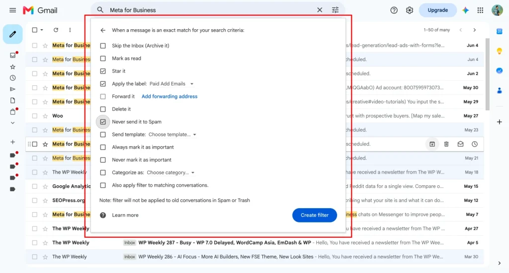 Select filter actions from gmail filter